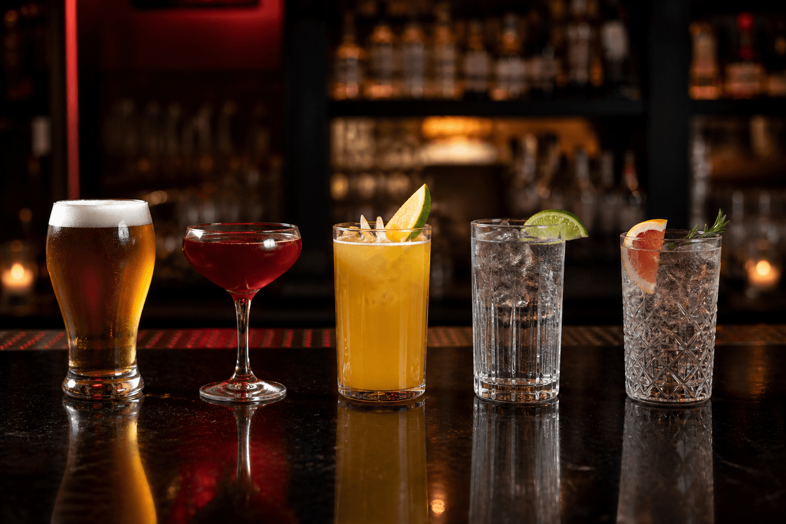 A balanced selection of beer, cocktails, and mixed drinks on a bar