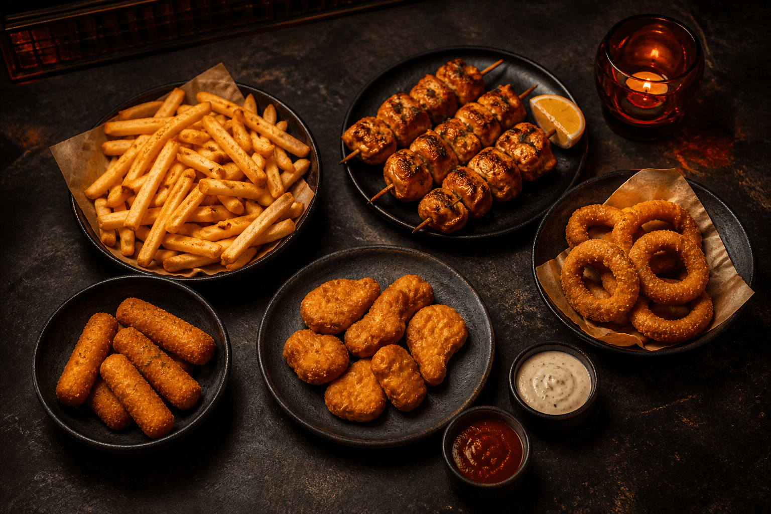 A selection of fries, chicken tikka, mozzarella sticks, nuggets, onion rings, and dips